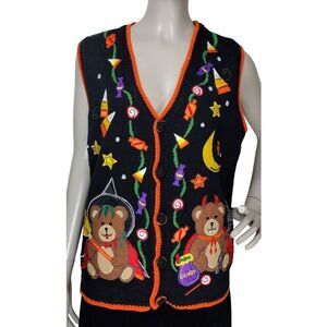 Vintage Halloween Devil Witch Star Moon Candy Corn Knit Holiday Grandma Vest NEW